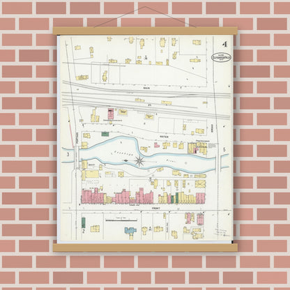 Old map wall art mockup — magnetic wood frame on brick wall — Sanborn Fire Insurance Map from Cuyahoga Falls, Summit County, Ohio (1901), Sheet #0004