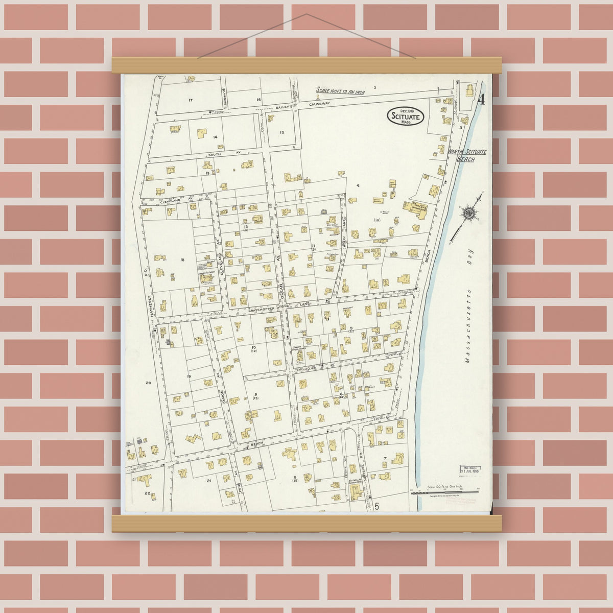 Old map wall art mockup — magnetic wood frame on brick wall — Sanborn Fire Insurance Map from Scituate, Plymouth County, Massachusetts (1918), Sheet #0004