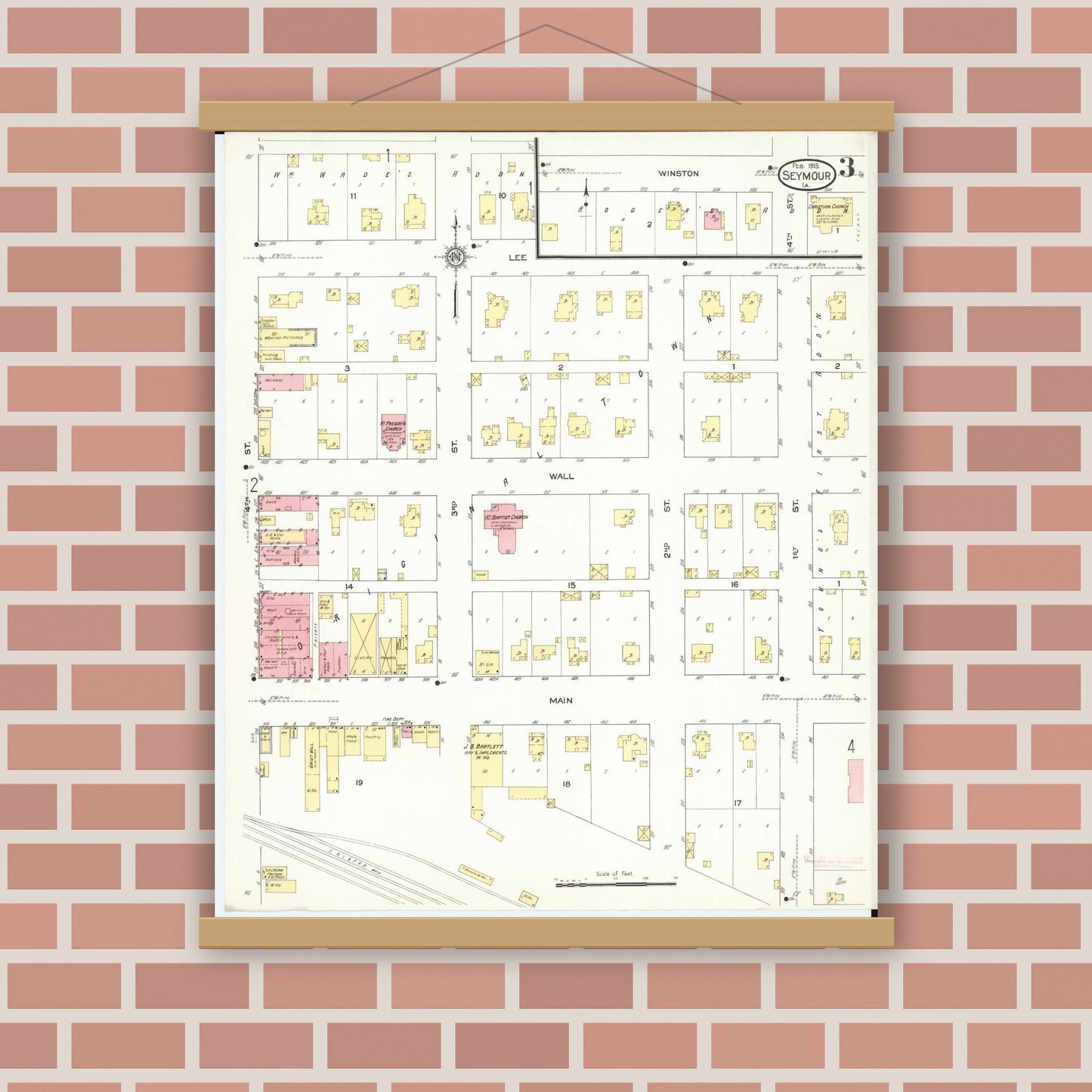 Old map wall art mockup — magnetic wood frame on brick wall — Sanborn Fire Insurance Map from Seymour, Wayne County, Iowa (1913), Sheet #0003