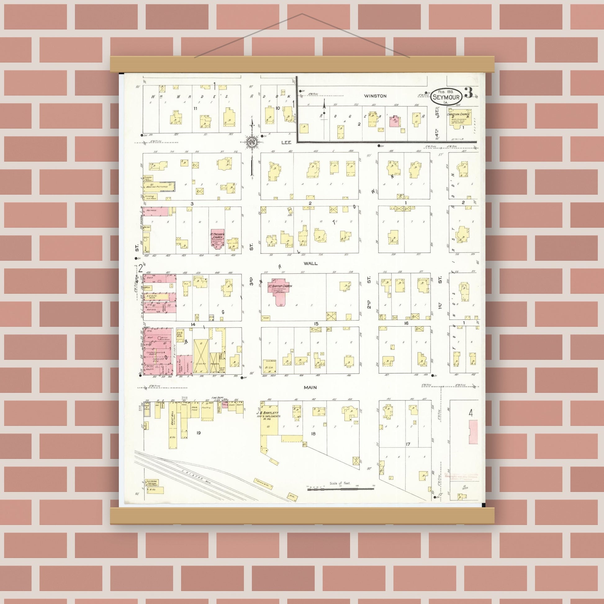 Old map wall art mockup — magnetic wood frame on brick wall — Sanborn Fire Insurance Map from Seymour, Wayne County, Iowa (1913), Sheet #0003