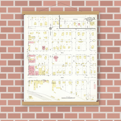 Old map wall art mockup — magnetic wood frame on brick wall — Sanborn Fire Insurance Map from Seymour, Wayne County, Iowa (1913), Sheet #0003