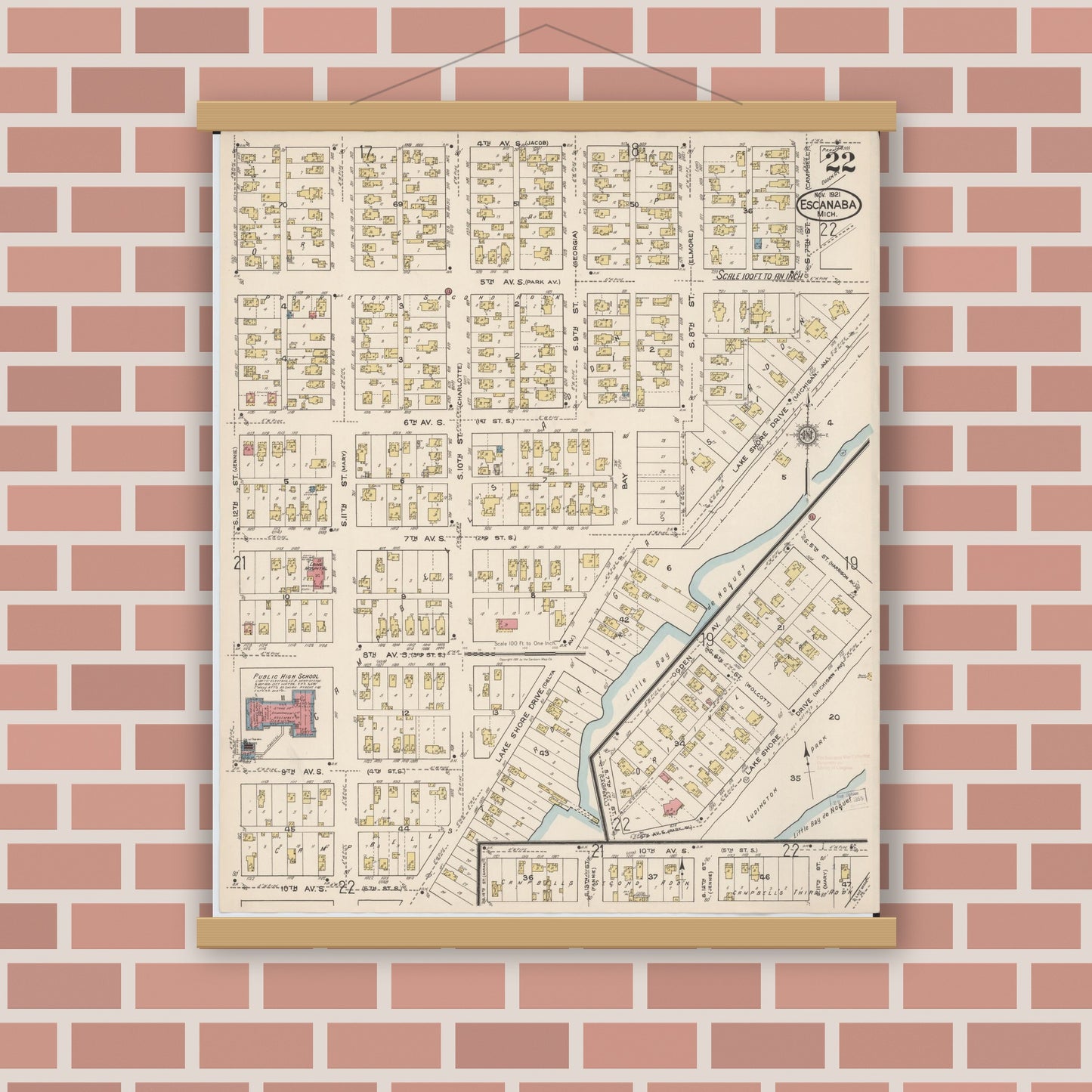 Old map wall art mockup — magnetic wood frame on brick wall — Sanborn Fire Insurance Map from Escanaba, Delta County, Michigan (1921), Sheet #0022
