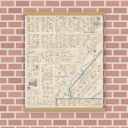 Old map wall art mockup — magnetic wood frame on brick wall — Sanborn Fire Insurance Map from Escanaba, Delta County, Michigan (1921), Sheet #0022