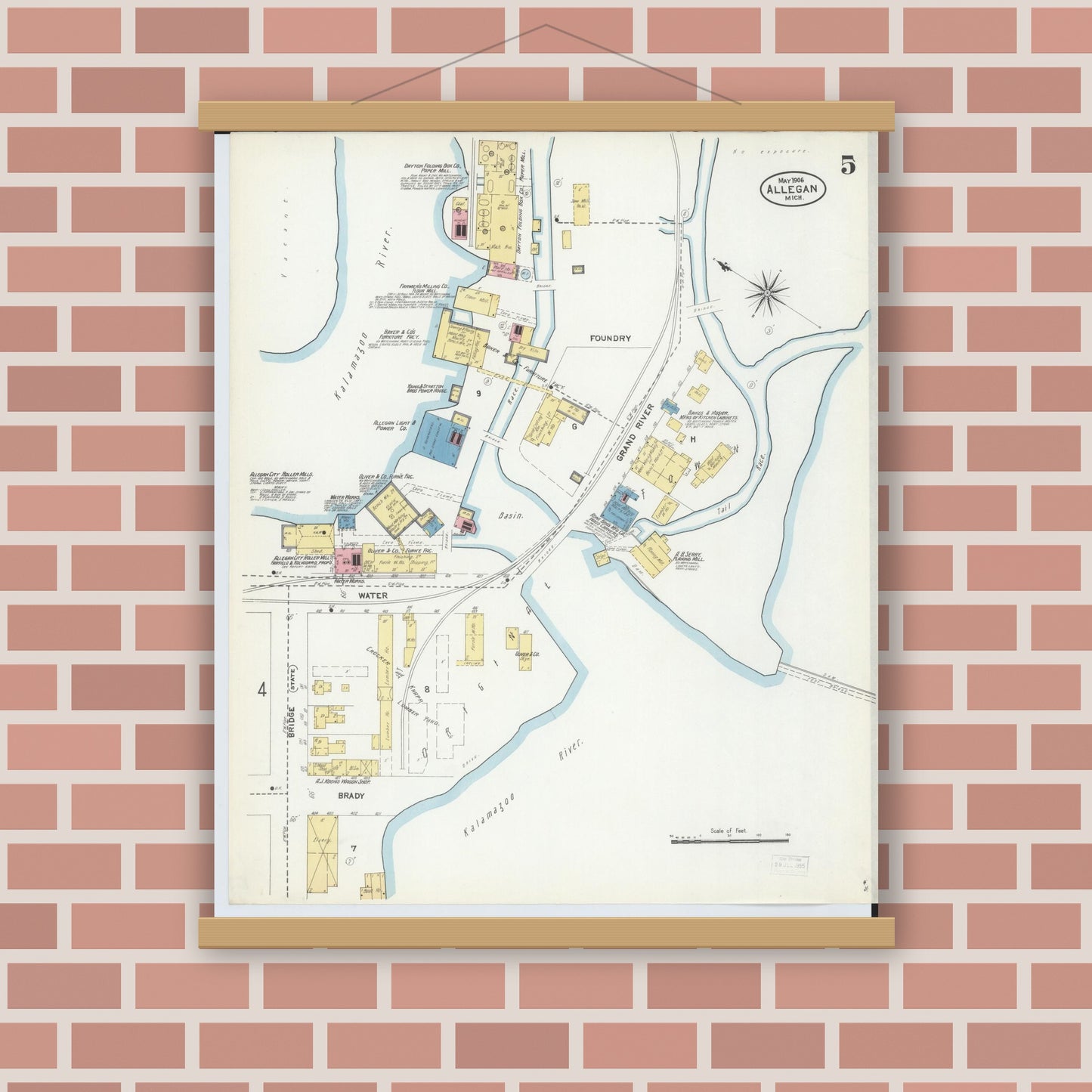 Old map wall art mockup — magnetic wood frame on brick wall — Sanborn Fire Insurance Map from Allegan, Allegan County, Michigan (1906), Sheet #0005