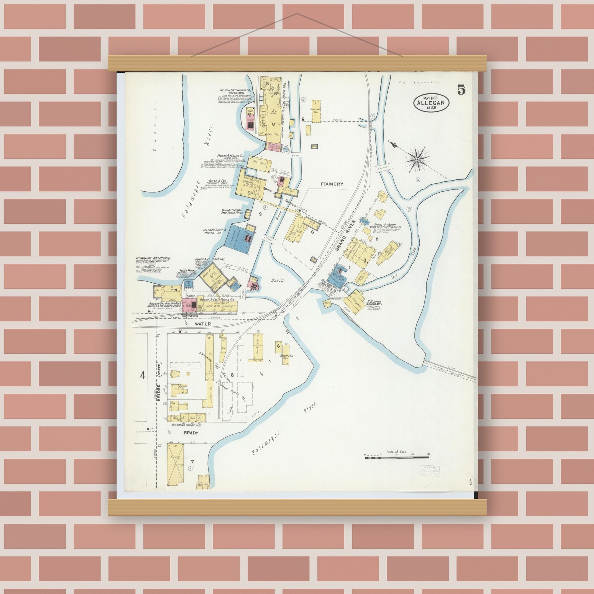 Old map wall art mockup — magnetic wood frame on brick wall — Sanborn Fire Insurance Map from Allegan, Allegan County, Michigan (1906), Sheet #0005