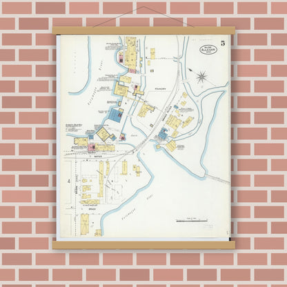 Old map wall art mockup — magnetic wood frame on brick wall — Sanborn Fire Insurance Map from Allegan, Allegan County, Michigan (1906), Sheet #0005
