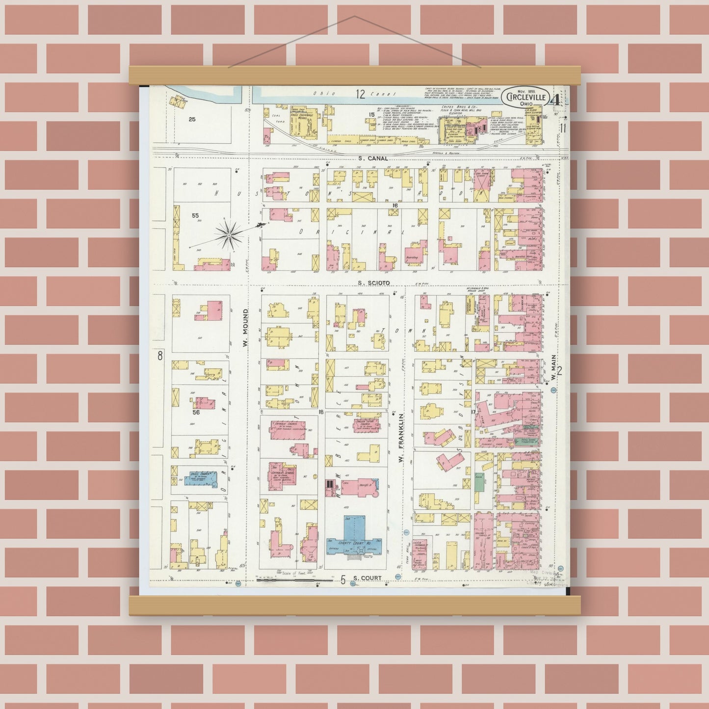Old map wall art mockup — magnetic wood frame on brick wall — Sanborn Fire Insurance Map from Circleville, Pickaway County, Ohio (1899), Sheet #0004