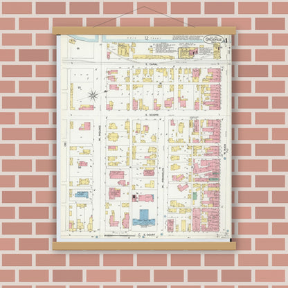 Old map wall art mockup — magnetic wood frame on brick wall — Sanborn Fire Insurance Map from Circleville, Pickaway County, Ohio (1899), Sheet #0004