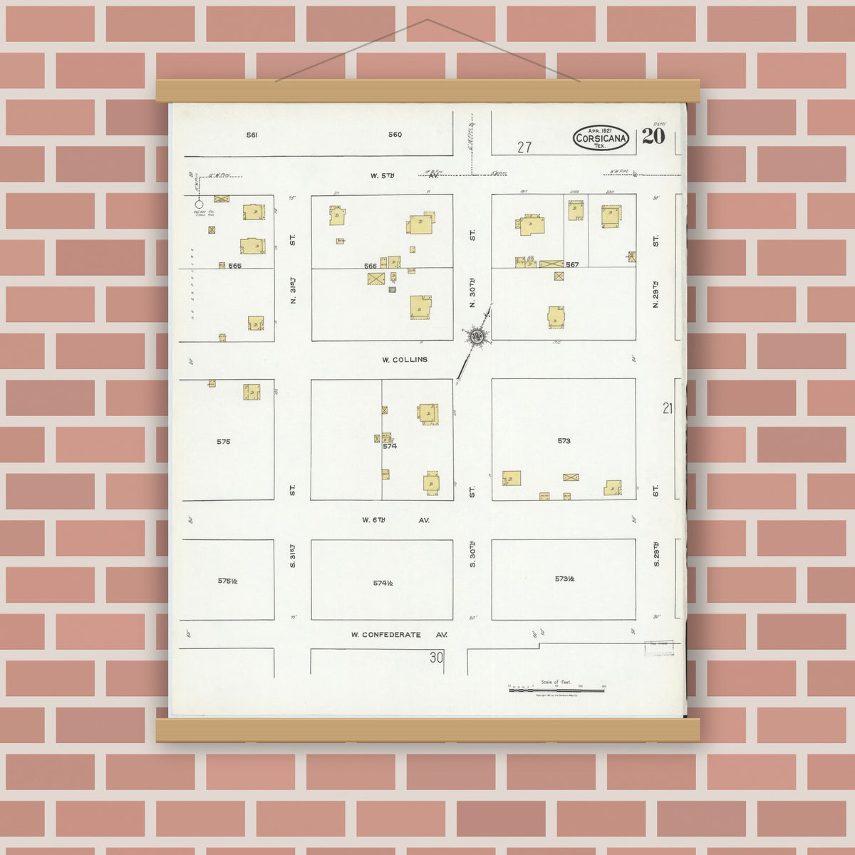 Old map wall art mockup — magnetic wood frame on brick wall — Sanborn Map from Corsicana, Navarro County, Texas (1921), Sheet #0020