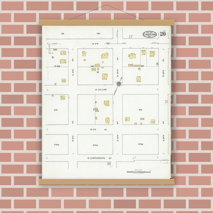 Old map wall art mockup — magnetic wood frame on brick wall — Sanborn Map from Corsicana, Navarro County, Texas (1921), Sheet #0020