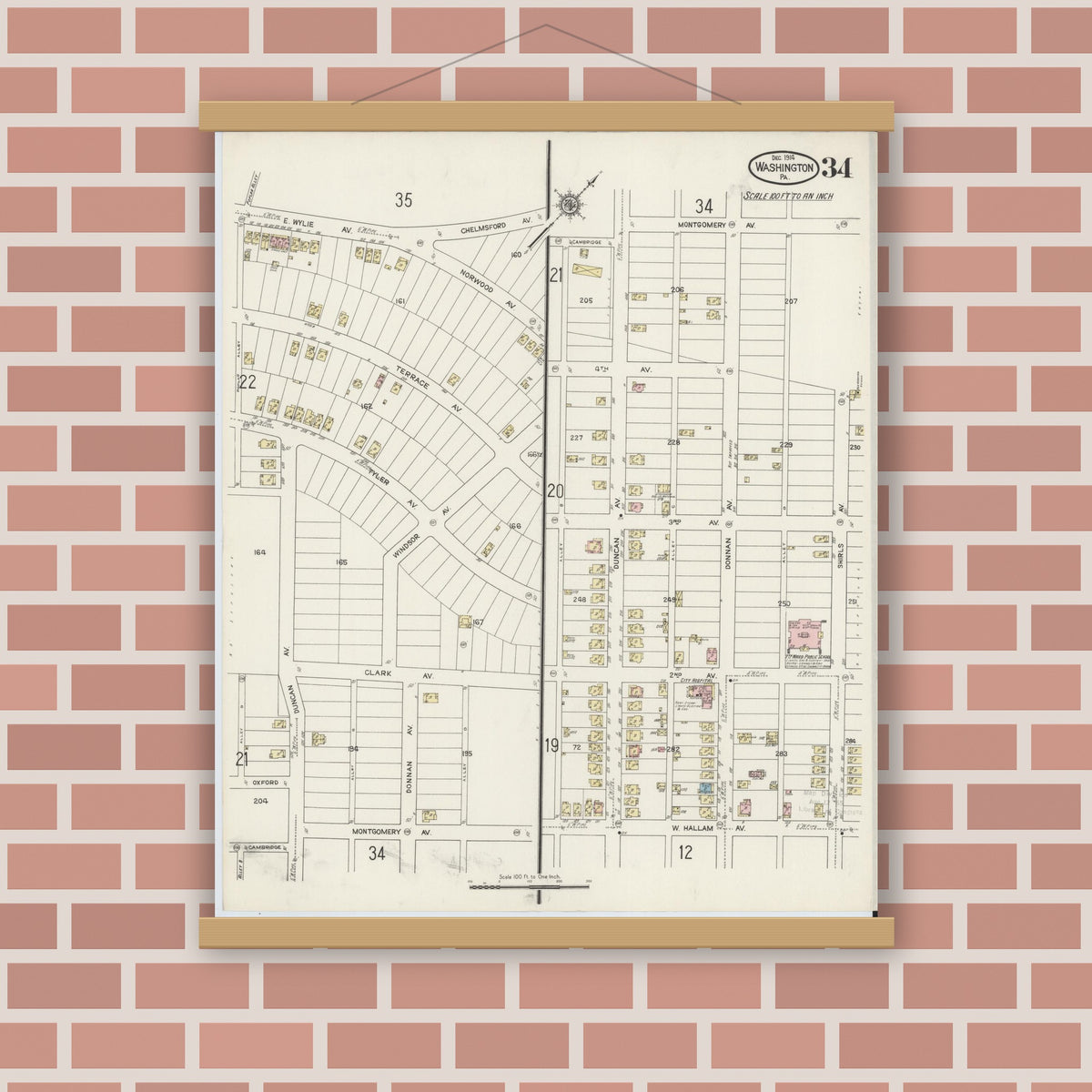 Old map wall art mockup — magnetic wood frame on brick wall — Sanborn Fire Insurance Map from Washington, Washington County, Pennsylvania (1914), Sheet #0034