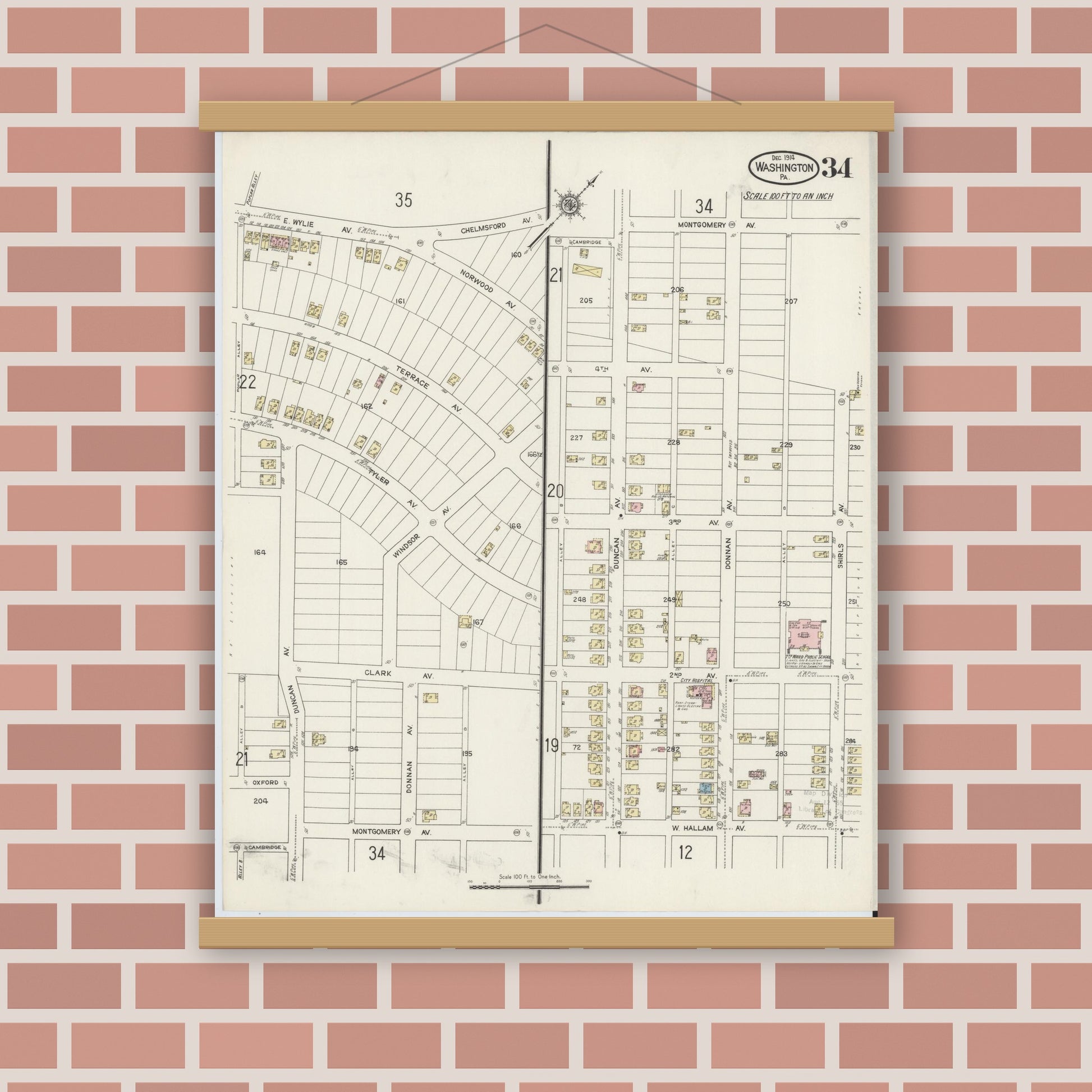Old map wall art mockup — magnetic wood frame on brick wall — Sanborn Fire Insurance Map from Washington, Washington County, Pennsylvania (1914), Sheet #0034