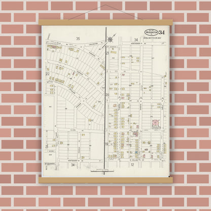 Old map wall art mockup — magnetic wood frame on brick wall — Sanborn Fire Insurance Map from Washington, Washington County, Pennsylvania (1914), Sheet #0034