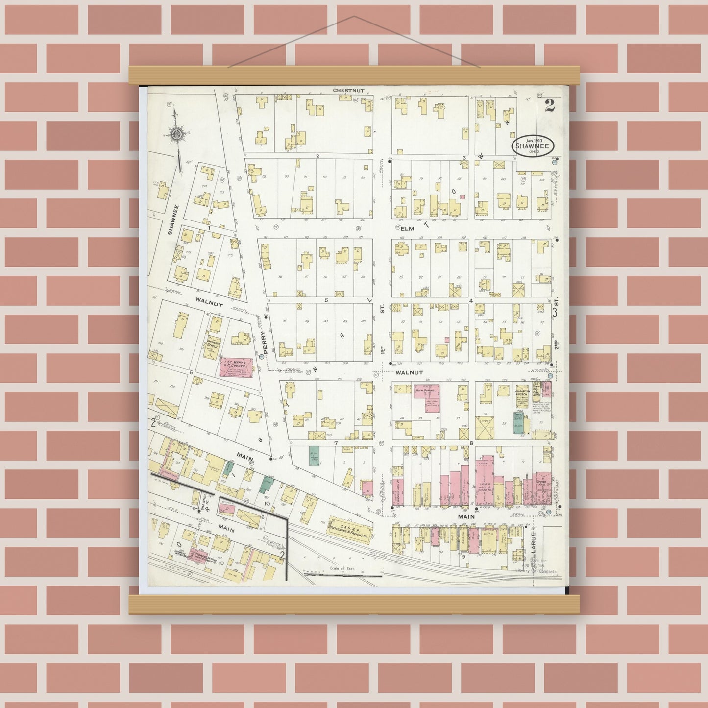 Old map wall art mockup — magnetic wood frame on brick wall — Sanborn Fire Insurance Map from Shawnee, Perry County, Ohio (1910), Sheet #0002