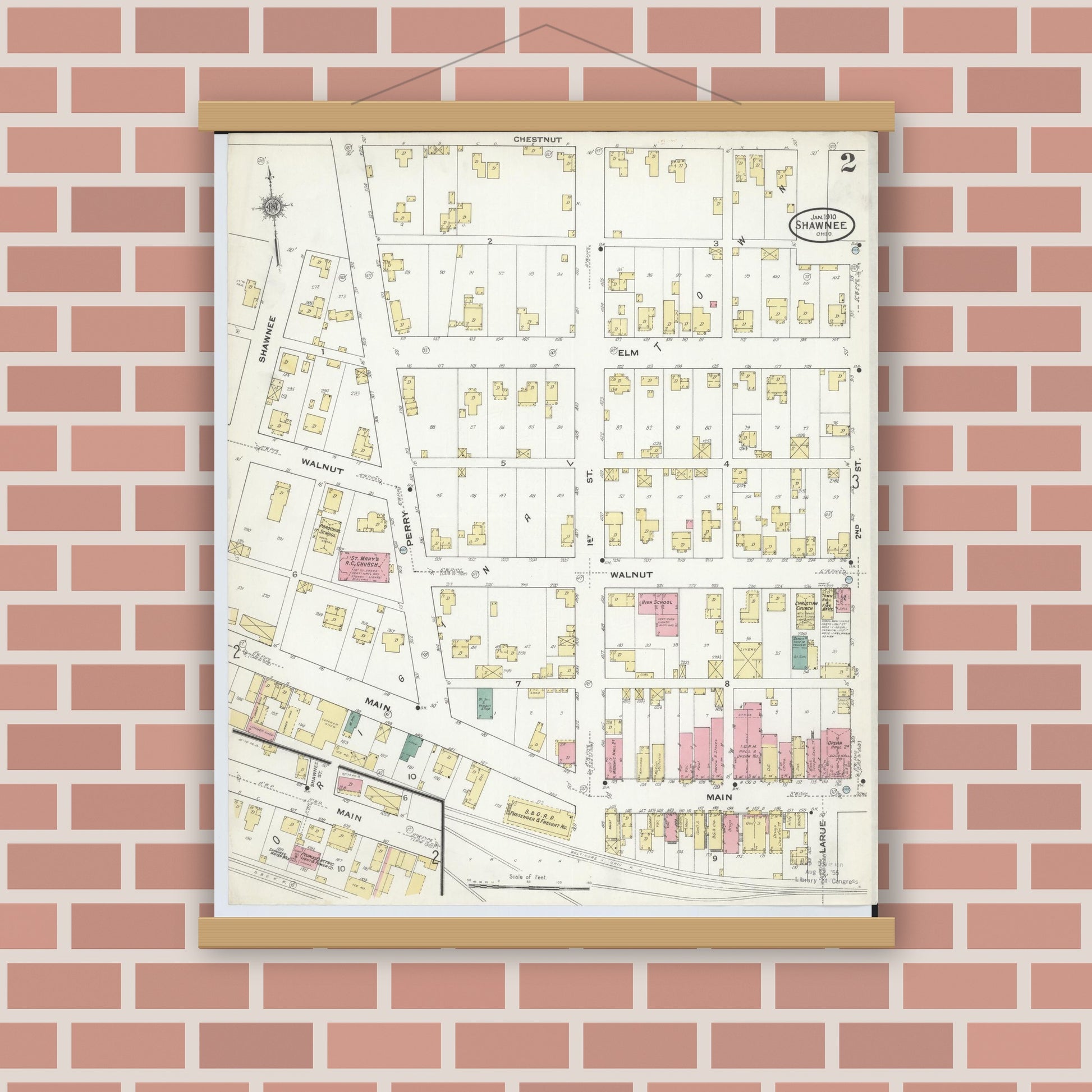 Old map wall art mockup — magnetic wood frame on brick wall — Sanborn Fire Insurance Map from Shawnee, Perry County, Ohio (1910), Sheet #0002