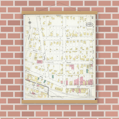 Old map wall art mockup — magnetic wood frame on brick wall — Sanborn Fire Insurance Map from Shawnee, Perry County, Ohio (1910), Sheet #0002