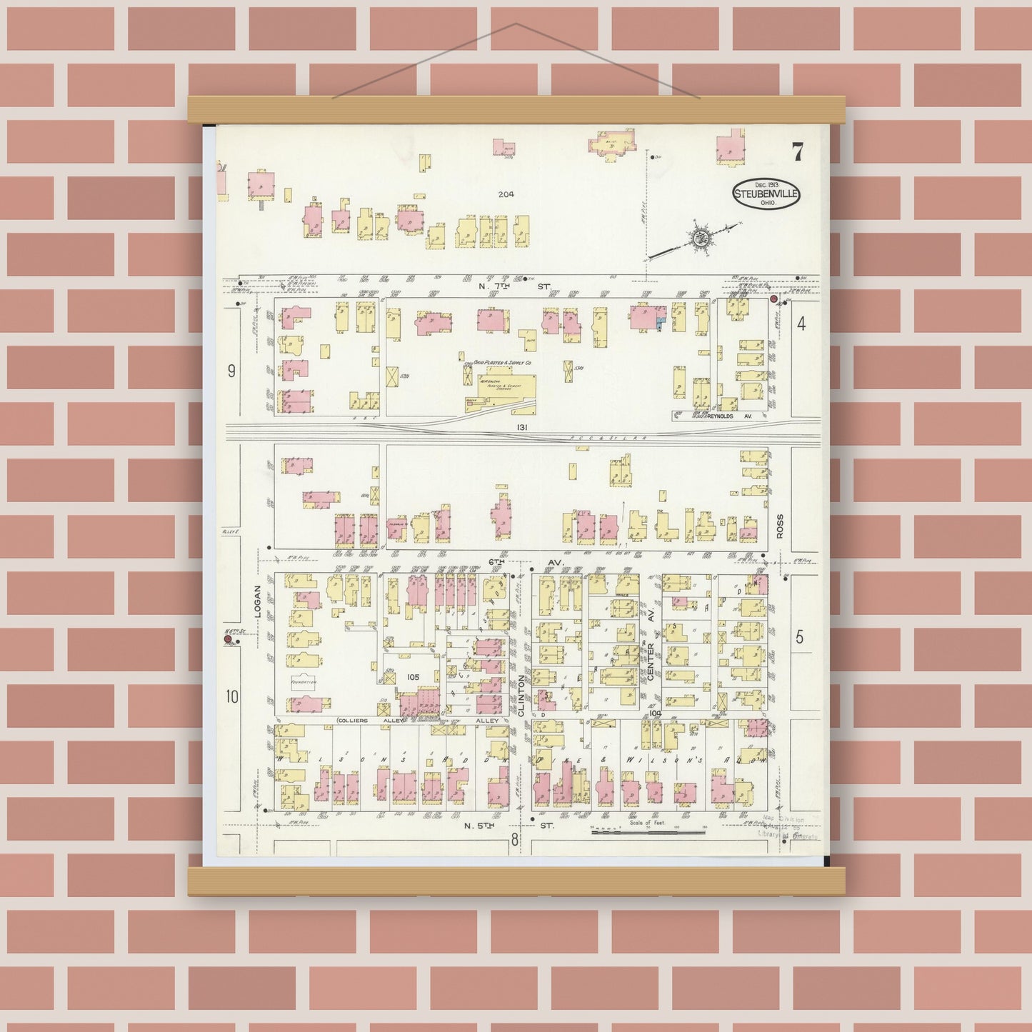 Old map wall art mockup — magnetic wood frame on brick wall — Sanborn Fire Insurance Map from Steubenville, Jefferson County, Ohio (1913), Sheet #0007