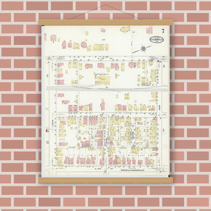 Old map wall art mockup — magnetic wood frame on brick wall — Sanborn Fire Insurance Map from Steubenville, Jefferson County, Ohio (1913), Sheet #0007