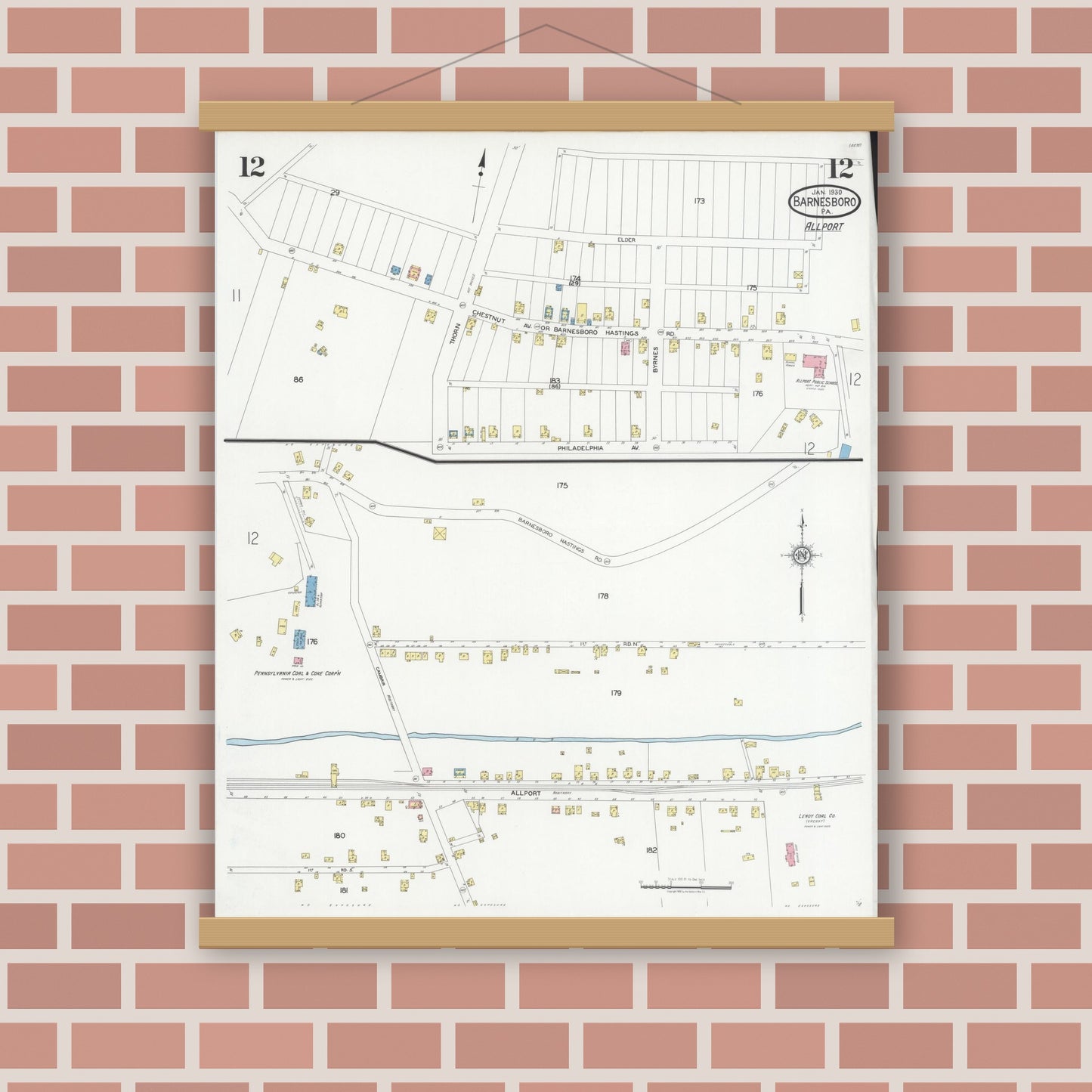 Old map wall art mockup — magnetic wood frame on brick wall — Sanborn Fire Insurance Map from Barnesboro, Cambria County, Pennsylvania (1930), Sheet #0012