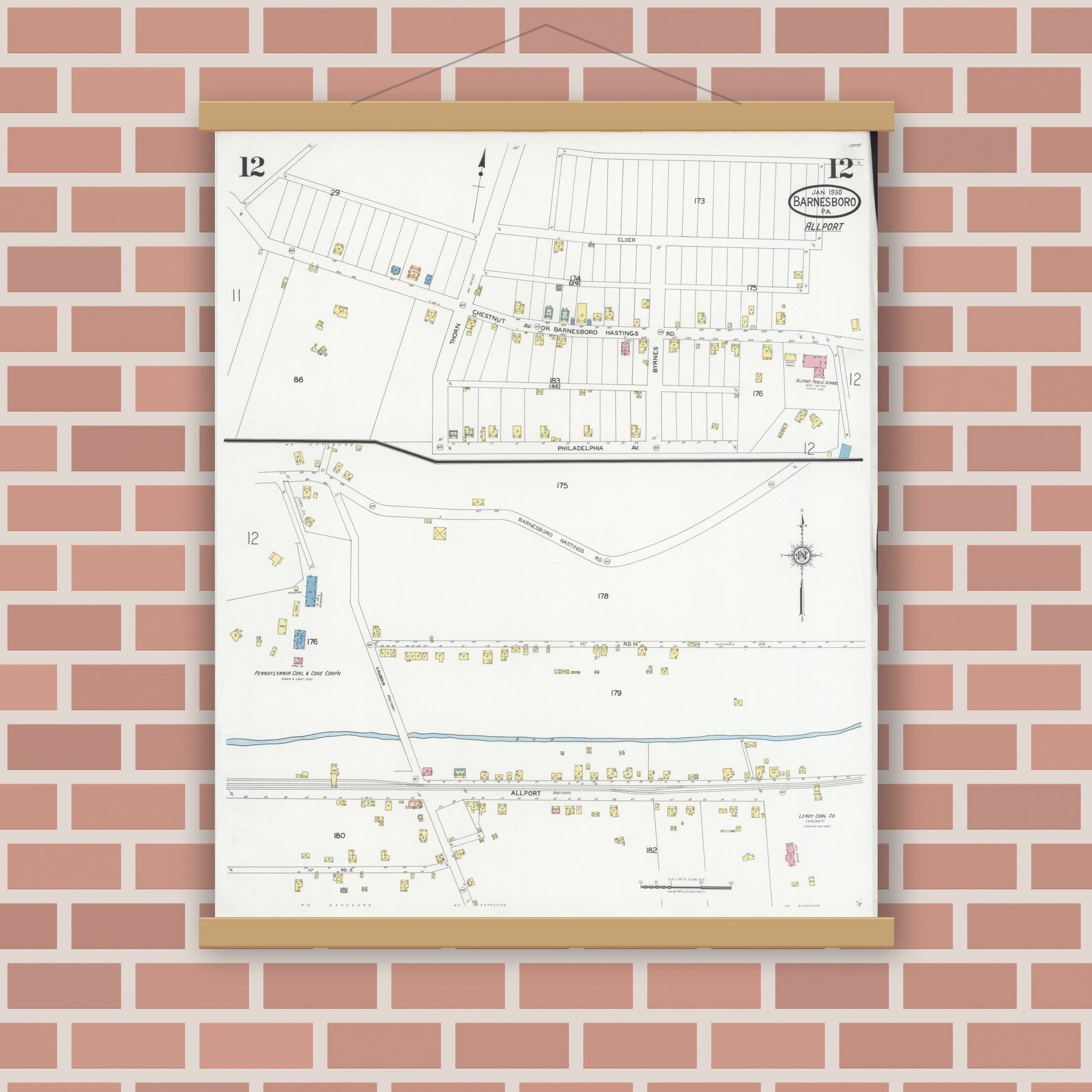 Old map wall art mockup — magnetic wood frame on brick wall — Sanborn Fire Insurance Map from Barnesboro, Cambria County, Pennsylvania (1930), Sheet #0012