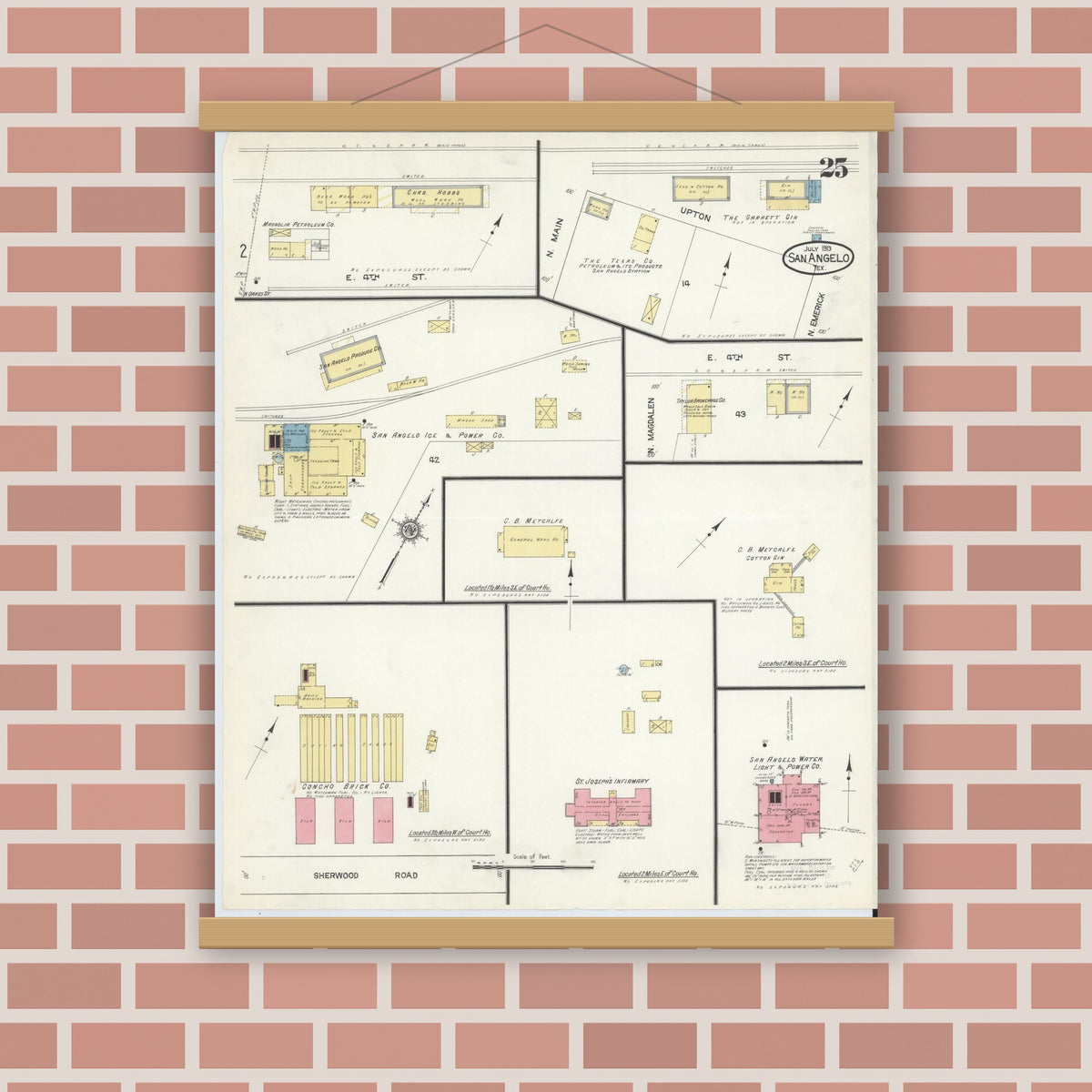 Old map wall art mockup — magnetic wood frame on brick wall — Sanborn Fire Insurance Map from San Angelo, Tom Green County, Texas (1913), Sheet #0025