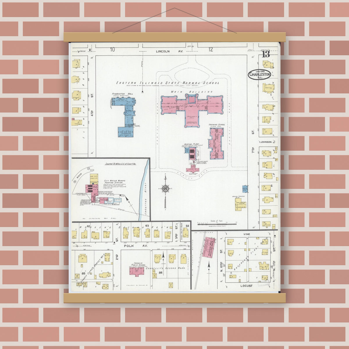 Old map wall art mockup — magnetic wood frame on brick wall — Sanborn Fire Insurance Map from Charleston, Coles County, Illinois (1919), Sheet #0013