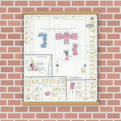 Old map wall art mockup — magnetic wood frame on brick wall — Sanborn Fire Insurance Map from Charleston, Coles County, Illinois (1919), Sheet #0013