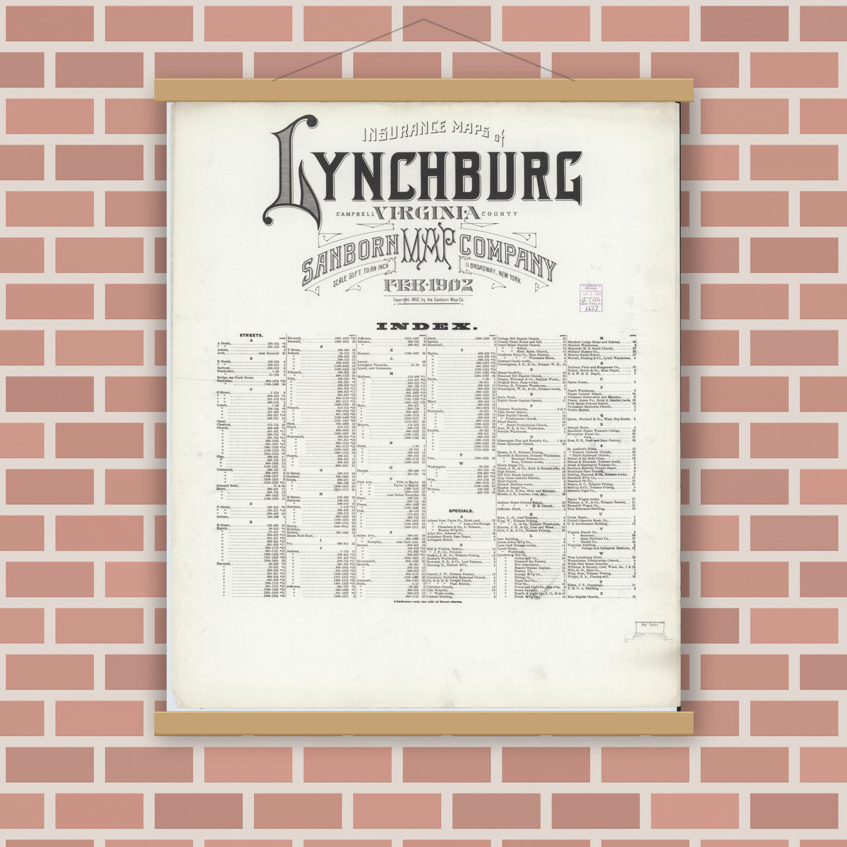 Old map wall art mockup — magnetic wood frame on brick wall — Sanborn Fire Insurance Map from Lynchburg, Independent Cities, Virginia (1902), Sheet #0001