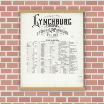 Old map wall art mockup — magnetic wood frame on brick wall — Sanborn Fire Insurance Map from Lynchburg, Independent Cities, Virginia (1902), Sheet #0001