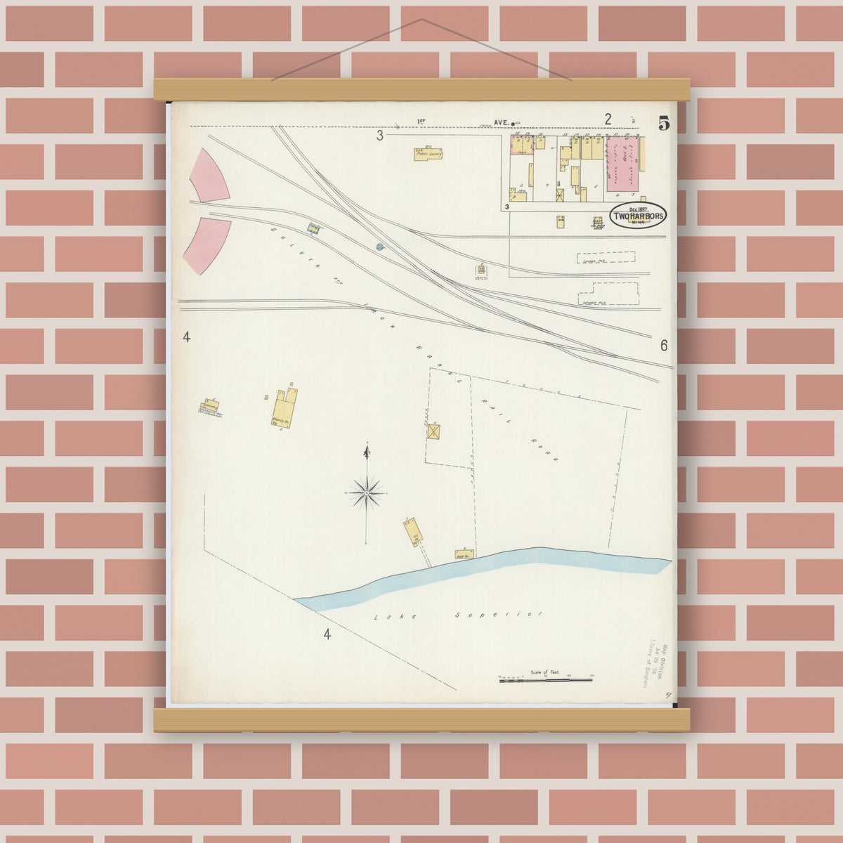 Old map wall art mockup — magnetic wood frame on brick wall — Sanborn Fire Insurance Map from Two Harbors, Lake County, Minnesota (1897), Sheet #0005