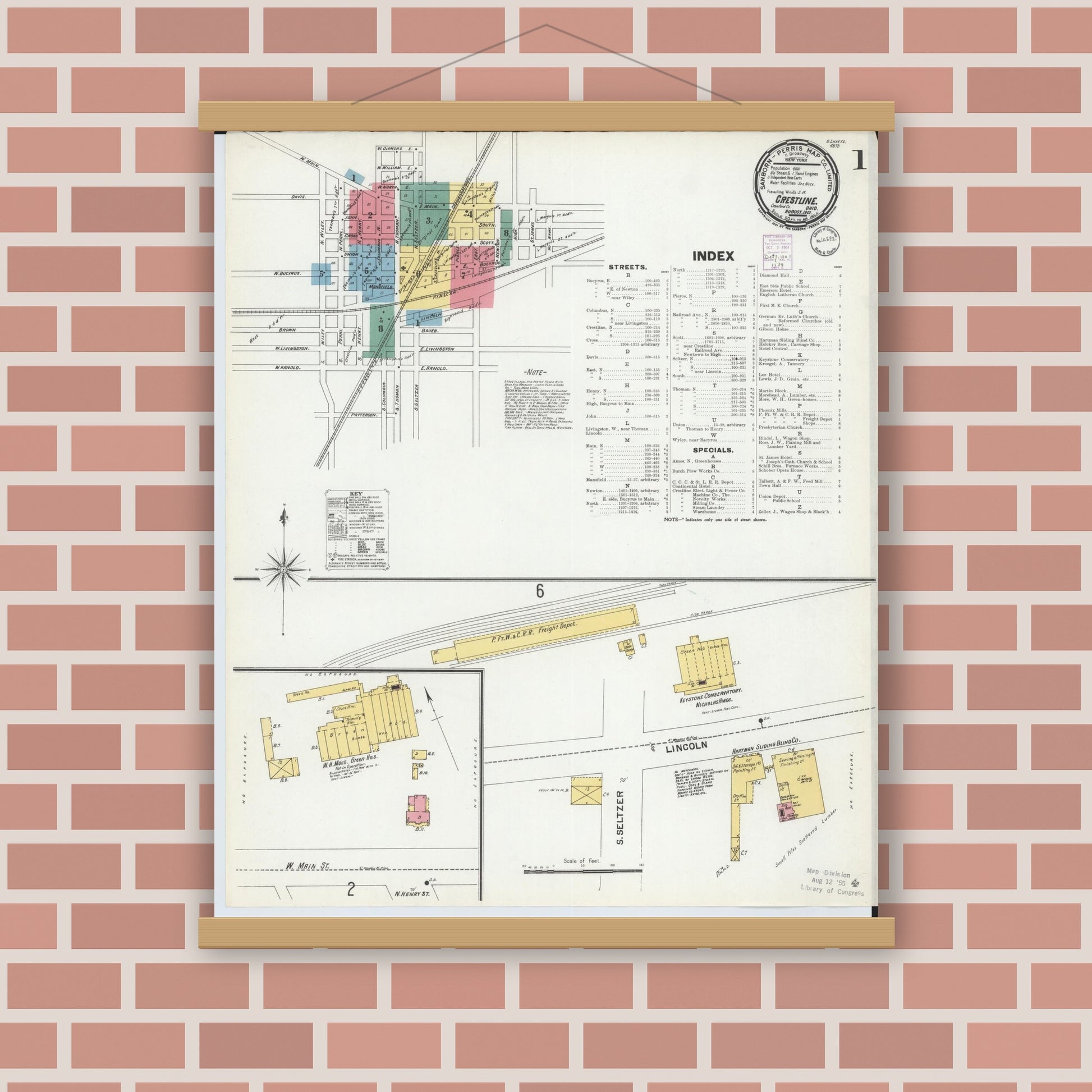 Old map wall art mockup — magnetic wood frame on brick wall — Sanborn Fire Insurance Map from Crestline, Crawford County, Ohio (1901) - Complete Map Set