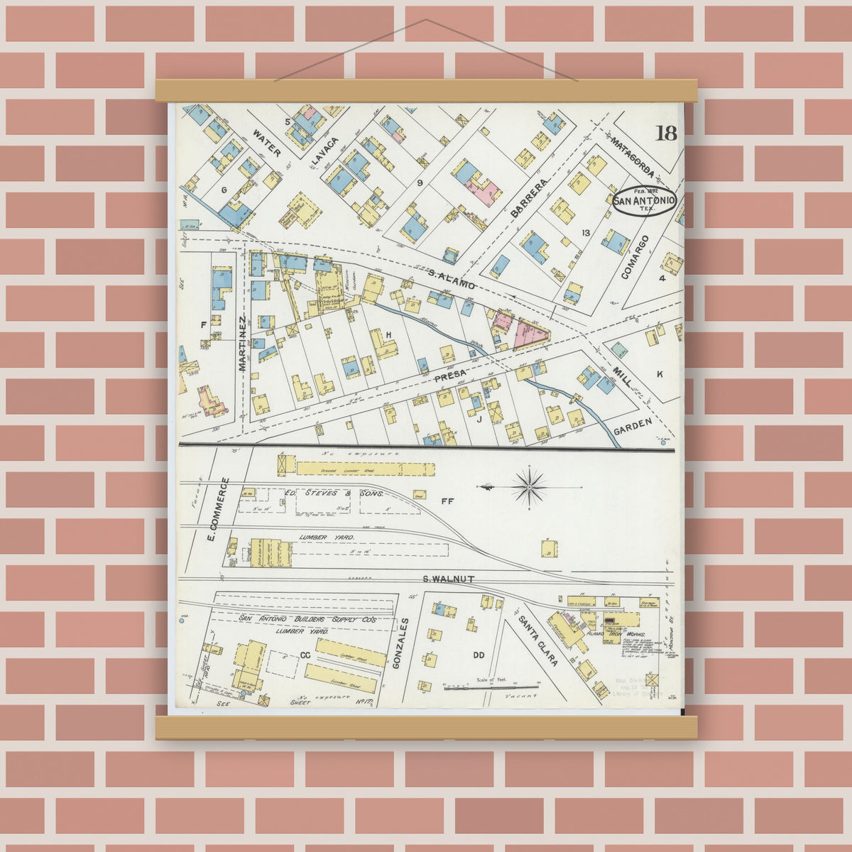 Old map wall art mockup — magnetic wood frame on brick wall — Sanborn Fire Insurance Map from San Antonio, Bexar County, Texas (1892), Sheet #0018