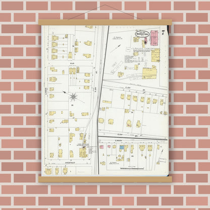Old map wall art mockup — magnetic wood frame on brick wall — Sanborn Fire Insurance Map from Moorestown, Burlington County, New Jersey (1905), Sheet #0007