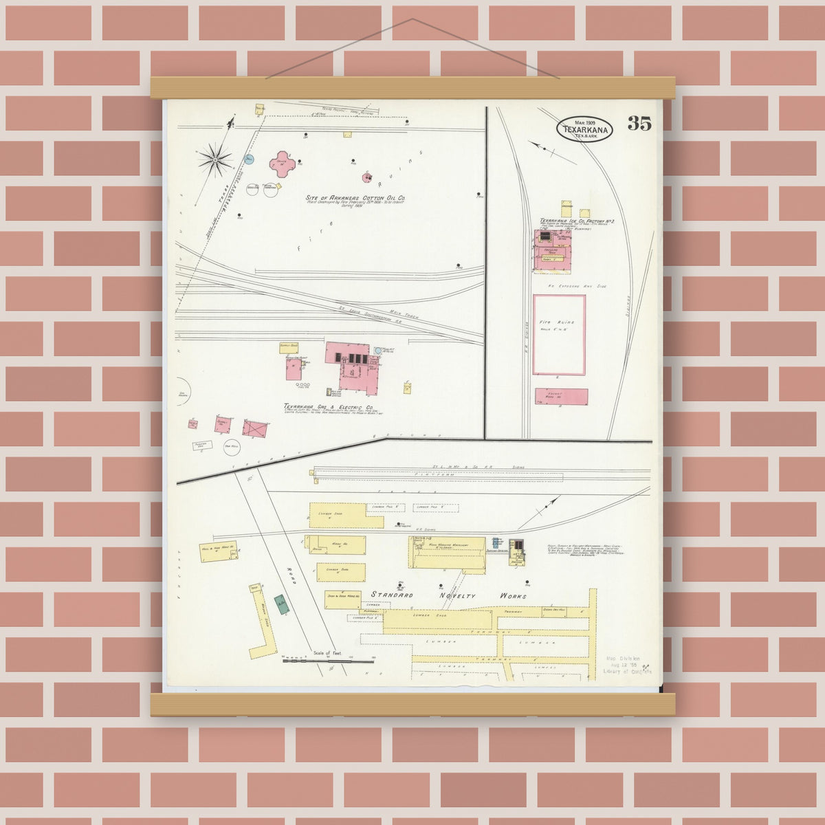 Old map wall art mockup — magnetic wood frame on brick wall — Sanborn Fire Insurance Map from Texarkana, Bowie County, Texas (1909), Sheet #0035