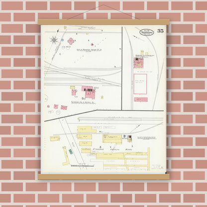 Old map wall art mockup — magnetic wood frame on brick wall — Sanborn Fire Insurance Map from Texarkana, Bowie County, Texas (1909), Sheet #0035