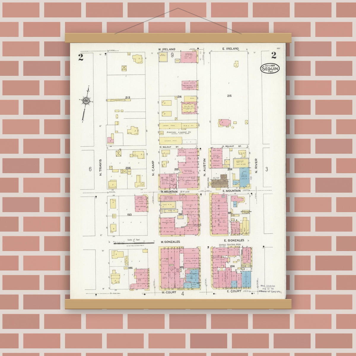Old map wall art mockup — magnetic wood frame on brick wall — Sanborn Fire Insurance Map from Seguin, Guadalupe County, Texas (1924), Sheet #0002