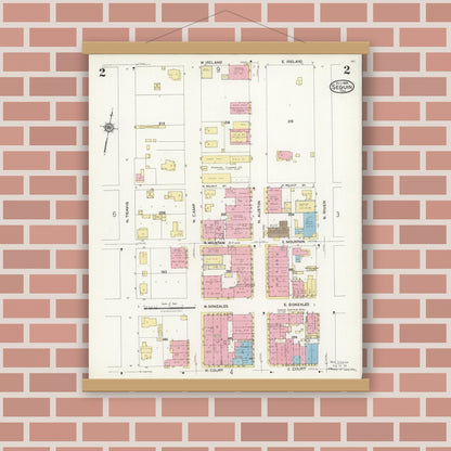 Old map wall art mockup — magnetic wood frame on brick wall — Sanborn Fire Insurance Map from Seguin, Guadalupe County, Texas (1924), Sheet #0002