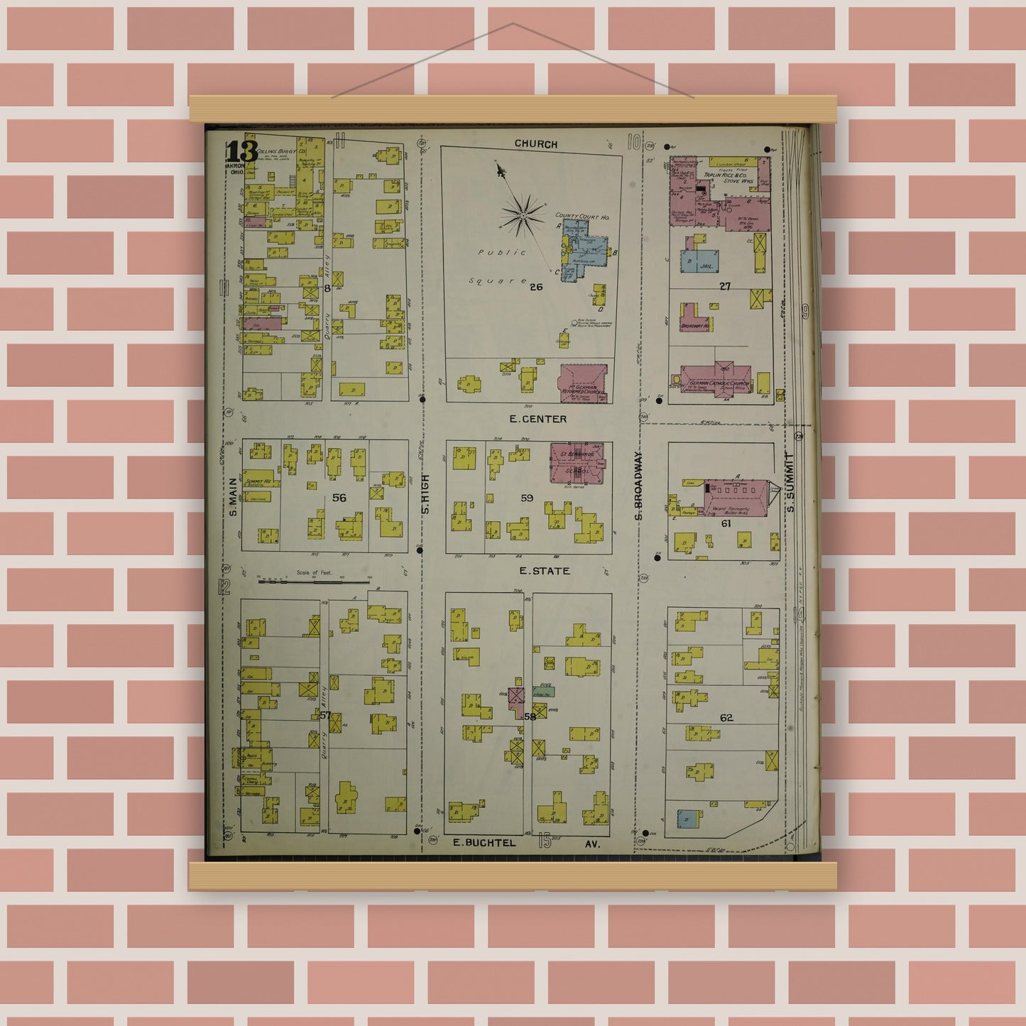 Old map wall art mockup — magnetic wood frame on brick wall — Sanborn Fire Insurance Map from Akron, Summit County, Ohio (1892), Sheet #0013