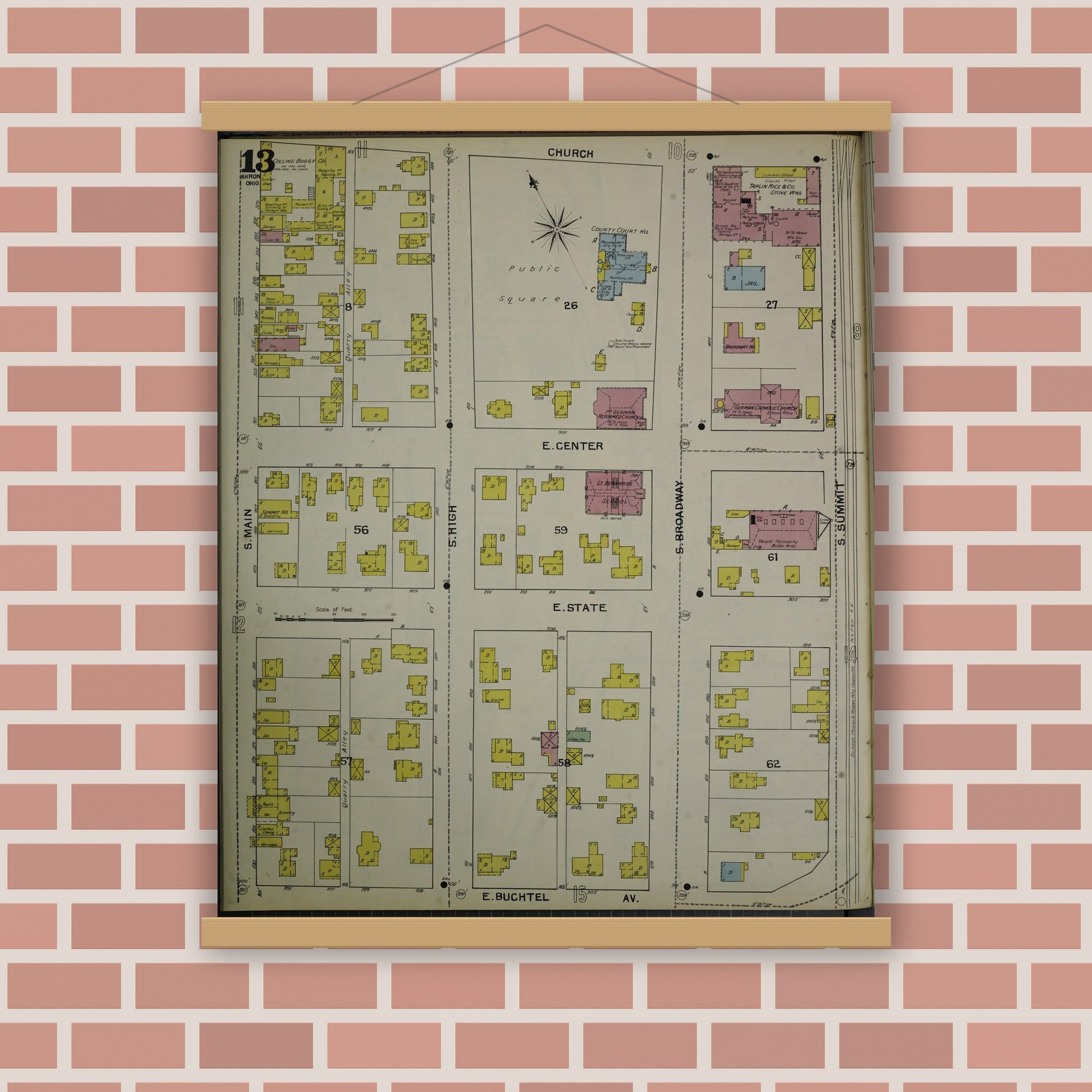 Old map wall art mockup — magnetic wood frame on brick wall — Sanborn Fire Insurance Map from Akron, Summit County, Ohio (1892), Sheet #0013