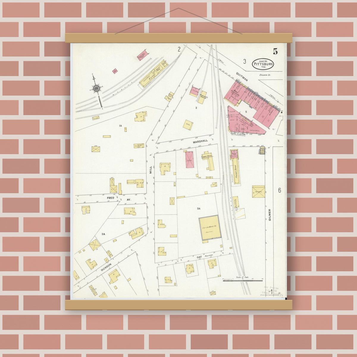 Old map wall art mockup — magnetic wood frame on brick wall — Sanborn Fire Insurance Map from Pittsburg, Camp County, Texas (1911), Sheet #0005