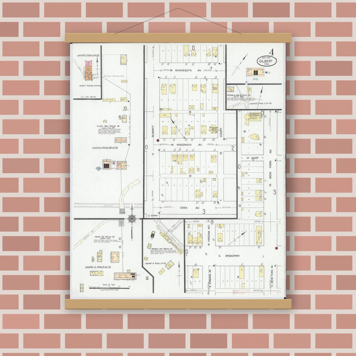 Old map wall art mockup — magnetic wood frame on brick wall — Sanborn Fire Insurance Map from Gilbert, Saint Louis County, Minnesota (1921), Sheet #0004