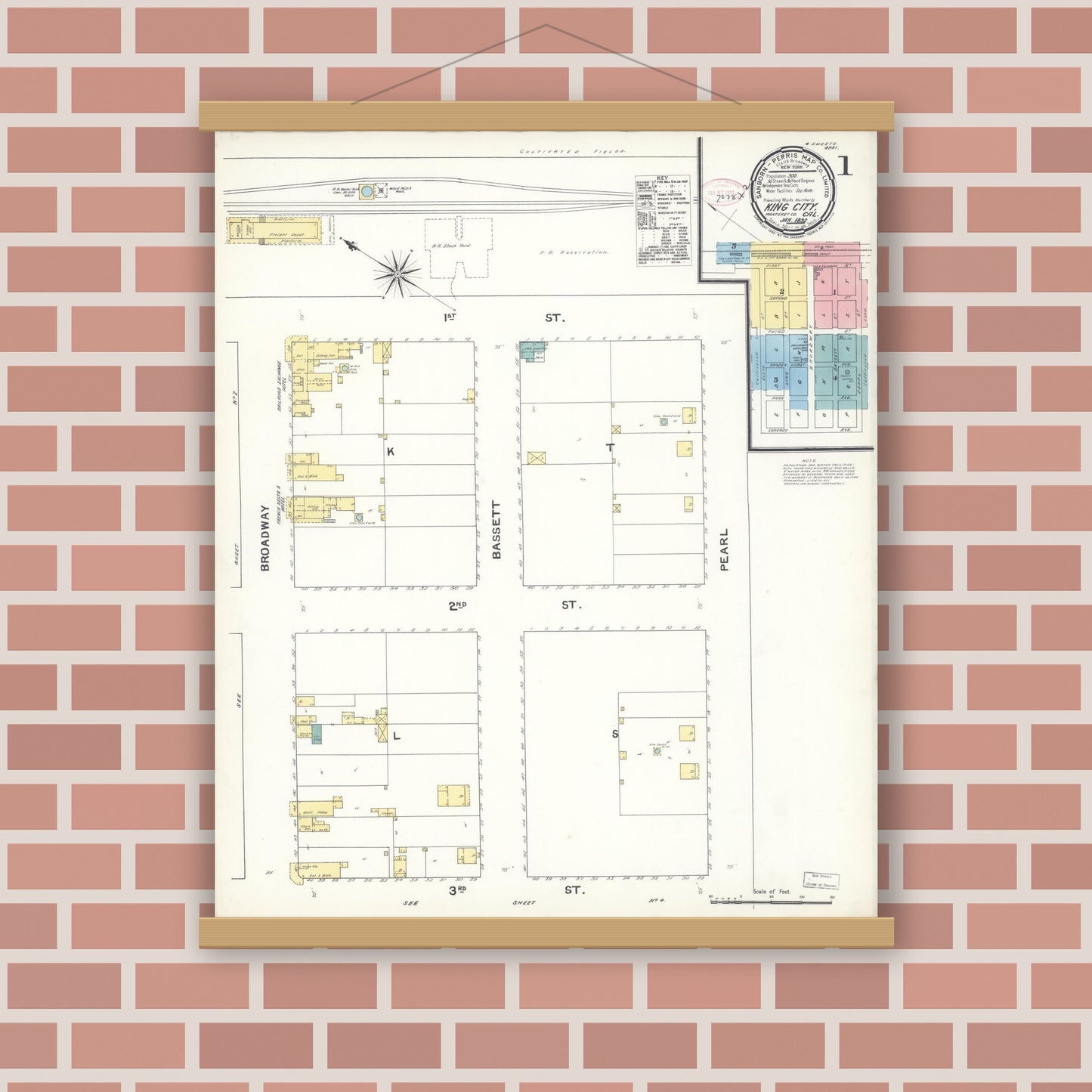 Old map wall art mockup — magnetic wood frame on brick wall — Sanborn Fire Insurance Map from King City, Monterey County, California (1892), Sheet #0001