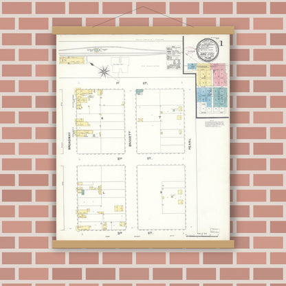 Old map wall art mockup — magnetic wood frame on brick wall — Sanborn Fire Insurance Map from King City, Monterey County, California (1892), Sheet #0001