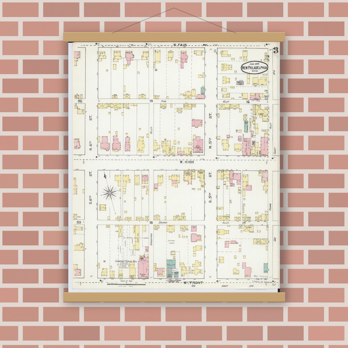 Old map wall art mockup — magnetic wood frame on brick wall — Sanborn Fire Insurance Map from New Philadelphia, Tuscarawas County, Ohio (1892), Sheet #0003