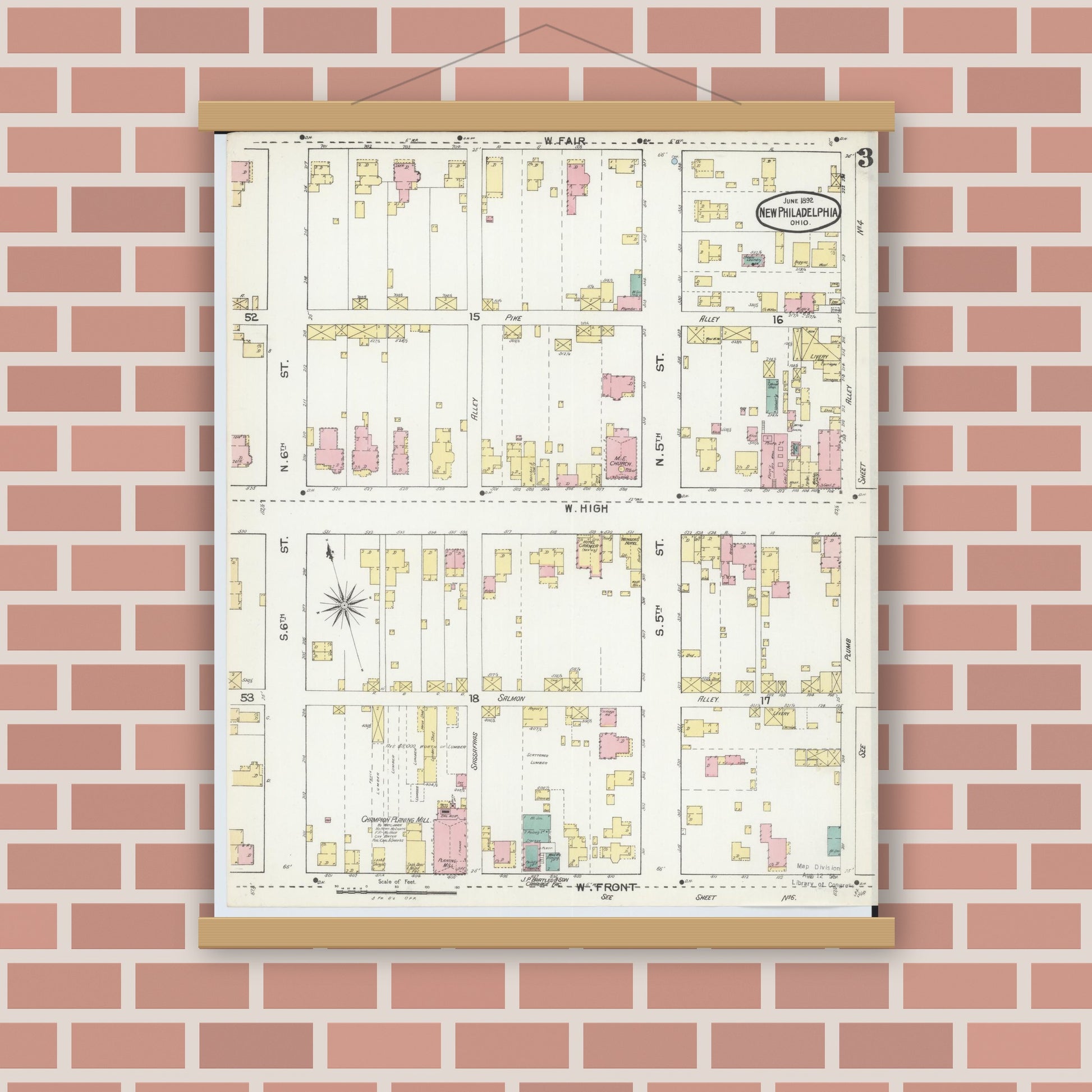Old map wall art mockup — magnetic wood frame on brick wall — Sanborn Fire Insurance Map from New Philadelphia, Tuscarawas County, Ohio (1892), Sheet #0003