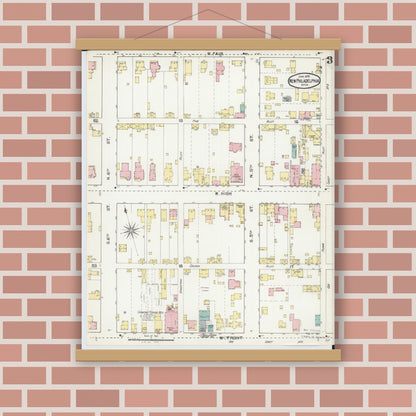 Old map wall art mockup — magnetic wood frame on brick wall — Sanborn Fire Insurance Map from New Philadelphia, Tuscarawas County, Ohio (1892), Sheet #0003