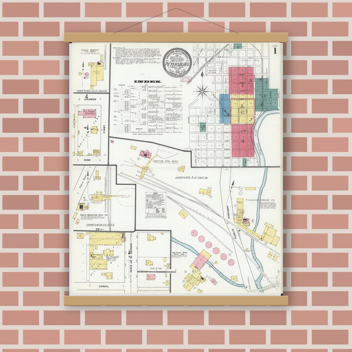 Old map wall art mockup — magnetic wood frame on brick wall — Sanborn Fire Insurance Map from Petersburg, Menard County, Illinois (1909) - Complete Map Set