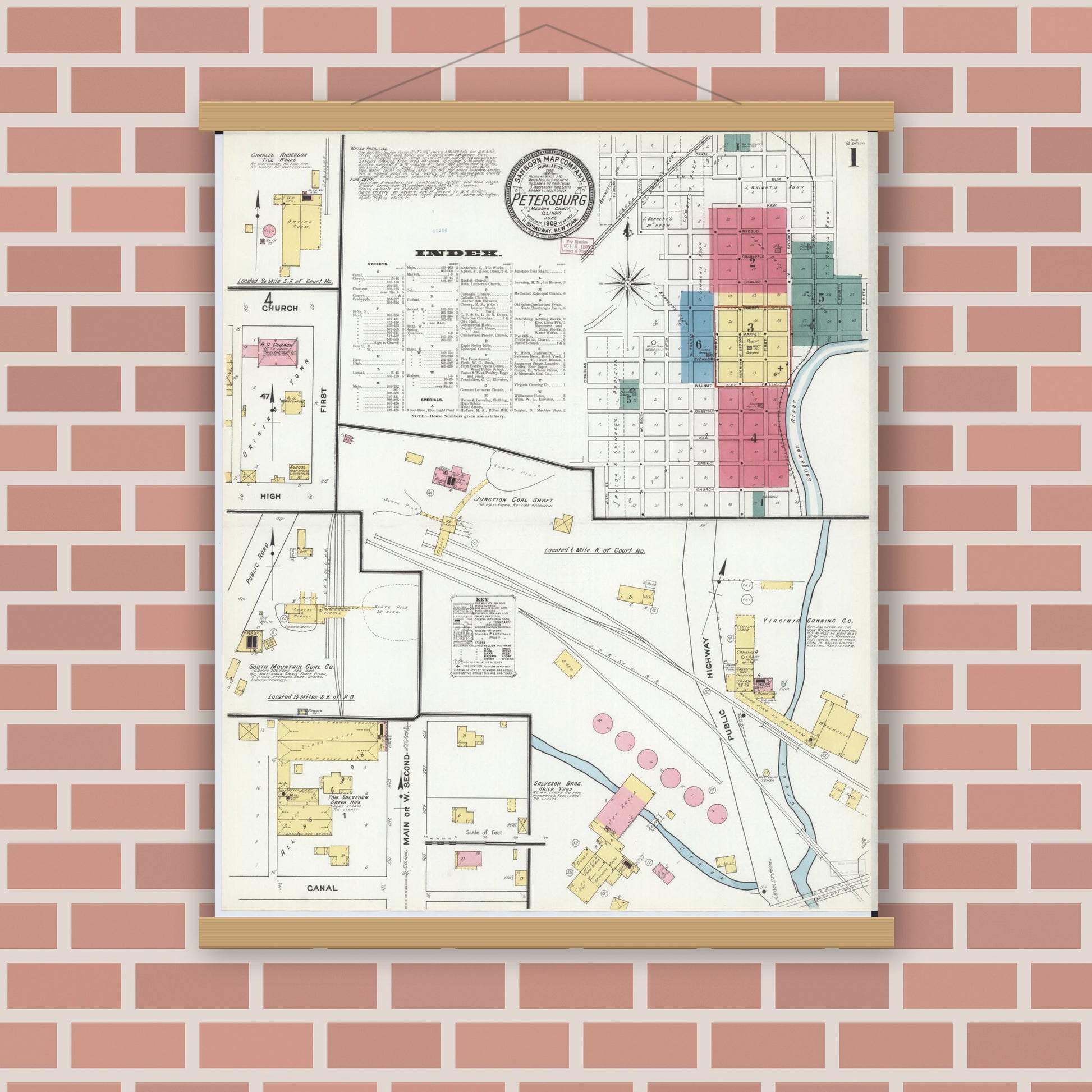 Old map wall art mockup — magnetic wood frame on brick wall — Sanborn Fire Insurance Map from Petersburg, Menard County, Illinois (1909) - Complete Map Set