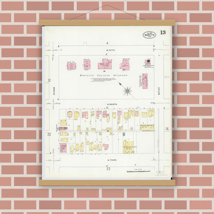 Old map wall art mockup — magnetic wood frame on brick wall — Sanborn Fire Insurance Map from Marietta, Washington County, Ohio (1907), Sheet #0013