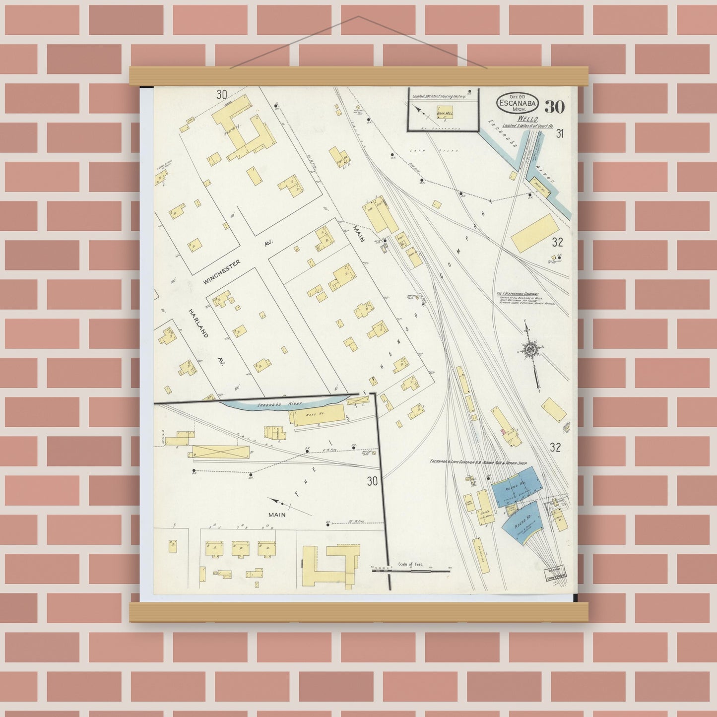 Old map wall art mockup — magnetic wood frame on brick wall — Sanborn Fire Insurance Map from Escanaba, Delta County, Michigan (1913), Sheet #0030